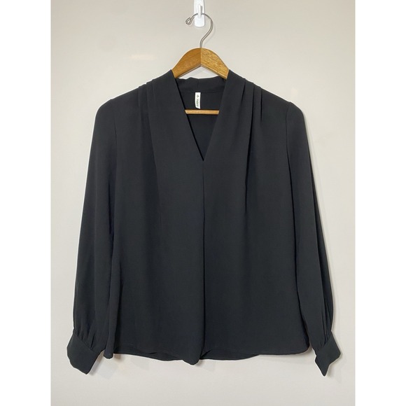 Halara Black Blouse Womens Small V Neck Pleated Shoulder Long Sleeve Button Cuff - Picture 1 of 4